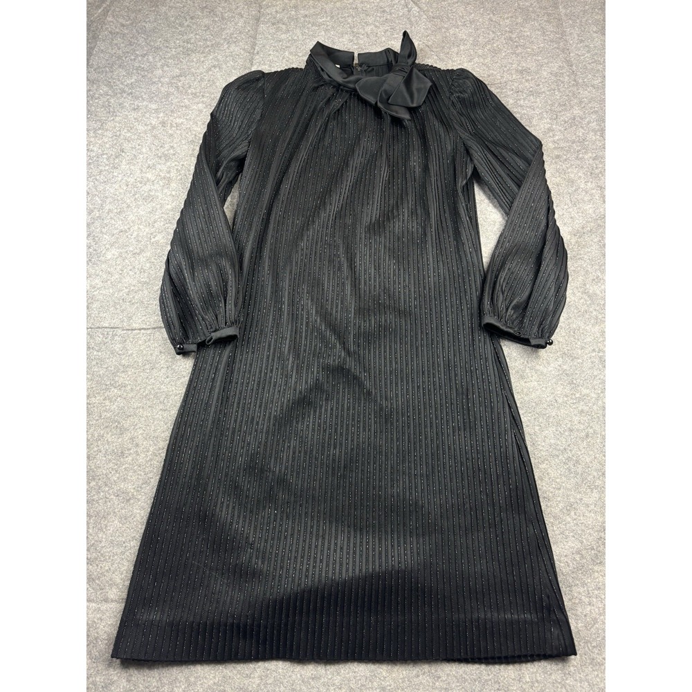 VTG Pour Vous Sheer Pleated Tie Neck Black Silver Midi Dress Sexy 60s Women's S?